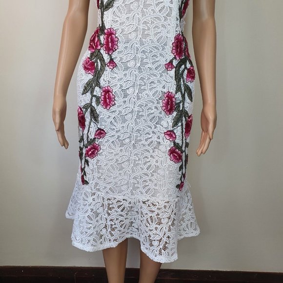 vintage lace floral dress Embroidered white Sz 12 frill fishtail KOREAN cocktail - Picture 6 of 8